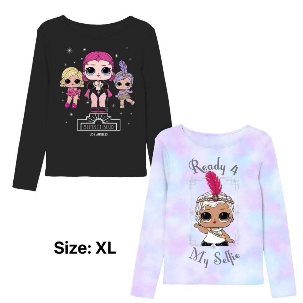 LOL Surprise Girls 2-Pack Long Sleeve Cute‎ Top Shirts Cute Black & Purple, XL